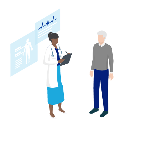 Female doctor talking to a man in a room with graphs on the wall