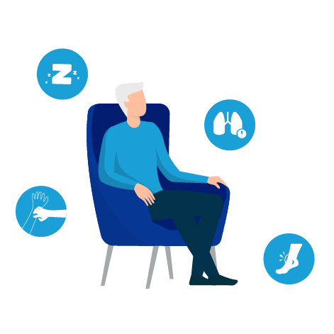 man sitting in chair with icons in background